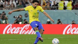 <p>LOTTERY?: Brazil's Marquinhos shoots from the penalty spot during the penalty shootout at the World Cup quarterfinal soccer match between Croatia and Brazil, at the Education City Stadium in Al Rayyan, Qatar. Pic: AP Photo/Martin Meissner</p>