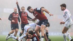<p>TRY: Munster's Joey Carbery crashes over for the opening try at Thomond park.</p>