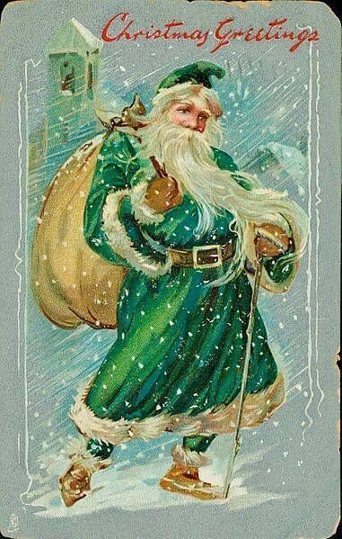 Christmas postcard with Santa Claus wearing green robes, carrying full sack, with "Christmas Greetings." Color postcard by Raphael Tuck and Sons, Saxony, ca. 1909. Missouri History Museum Photographs and Prints Collections.