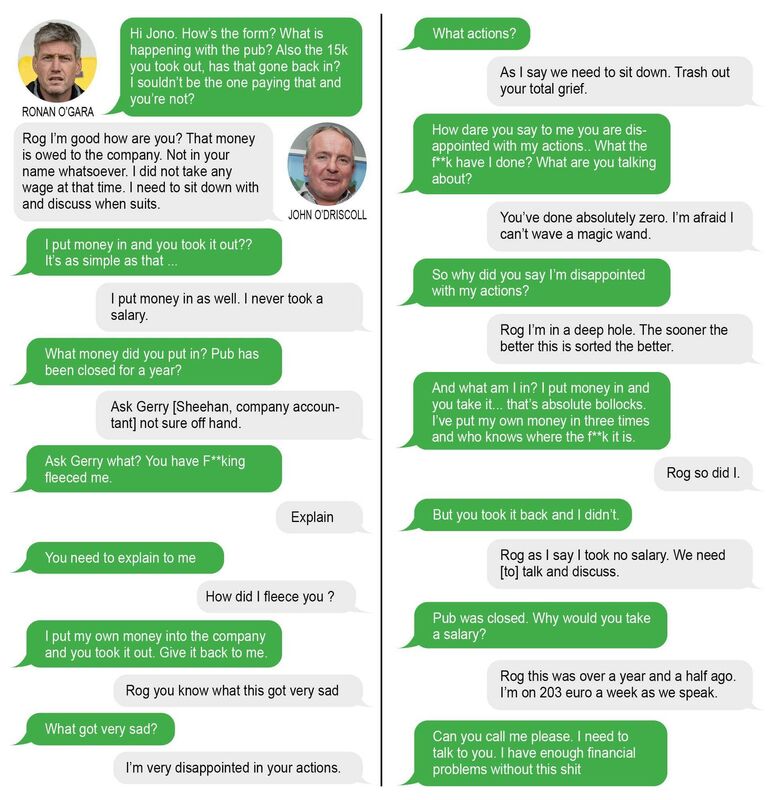 Text exchange between Ronan O'Gara and John O'Driscoll about The Silly Goose Pub, Washington Street, Cork. Text exchange between Ronan O'Gara and John O'Driscoll about The Silly Goose Pub, Washington Street, Cork.