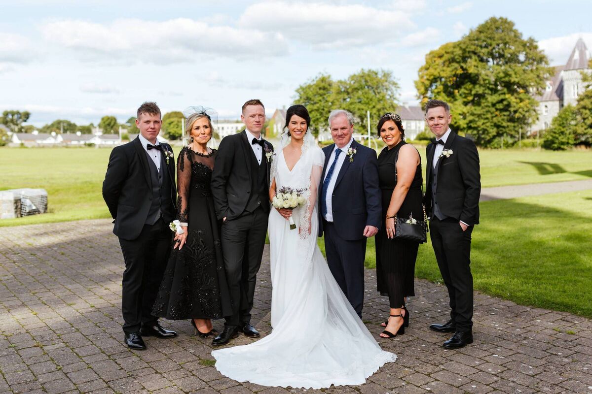 The couple with the groom's family: Keith and Antoinette Wheeler, Ian Wheeler, Julie O'Sullivan, Joe Senior, Dawn and Joe Wheeler