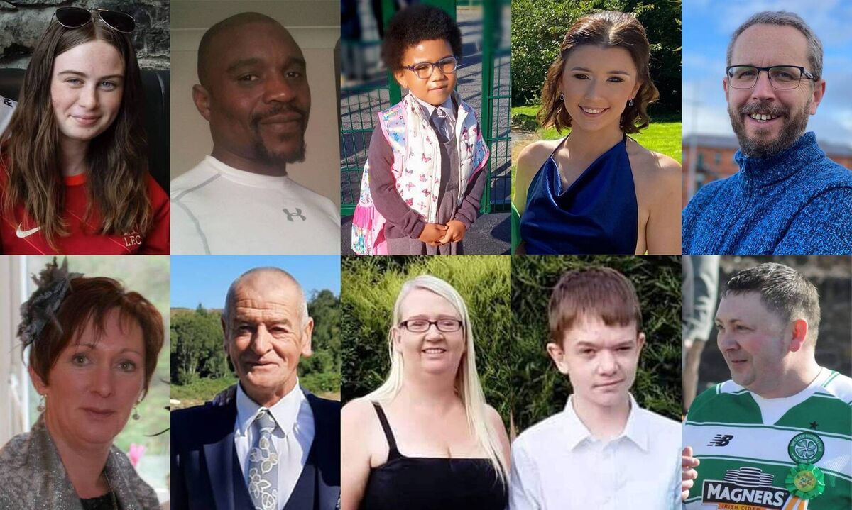 The victims of the Creeslough explosion. Rop row, left to right: Leona Harper, 14, Robert Garwe, 50, Shauna Flanagan Garwe, five, Jessica Gallagher, 24, and James O'Flaherty, 48. Bottom row, left to right: Martina Martin, 49, Hugh Kelly, 59, Catherine O'Donnell, 39, her 13-year-old son James Monaghan, and Martin McGill, 49.
