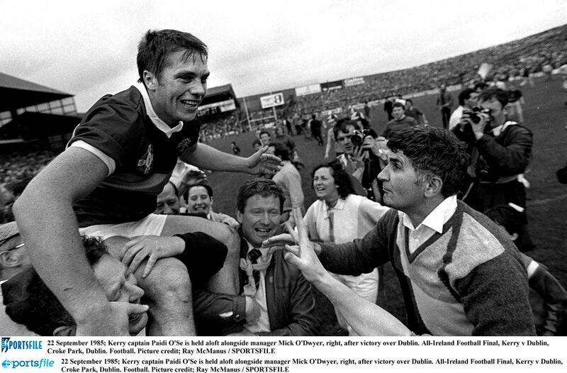 ALOFT: Páidí O Sé is held aloft after captaining Kerry to glory in 1985. Pic: Ray McManus/Sportsfile ALOFT: Páidí O Sé is held aloft after captaining Kerry to glory in 1985. Pic: Ray McManus/Sportsfile