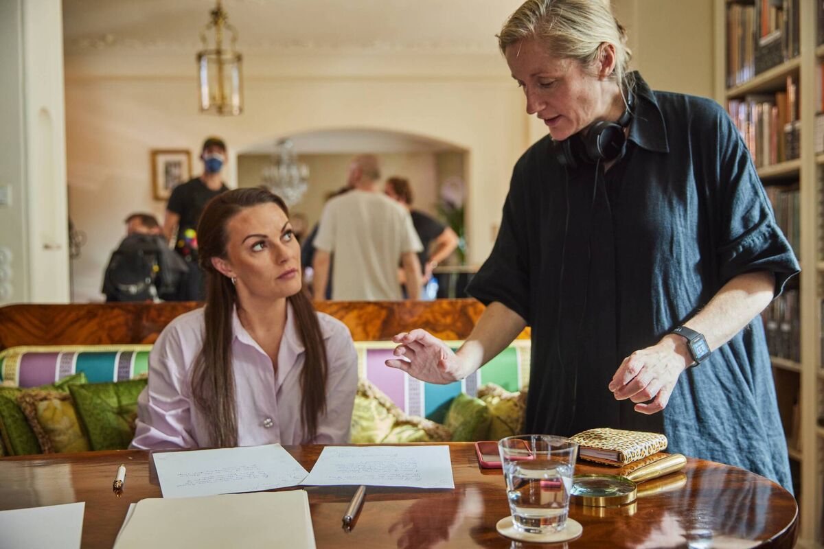 Oonagh Kearney directs Chanel Cresswell on the set of Vardy v Rooney. 