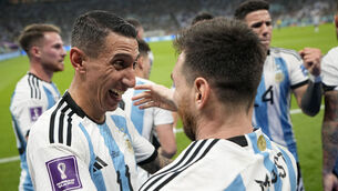 <p>BIG DAY: Argentina's Lionel Messi, right, celebrates with his teammate Angel Di Maria during the group stage. Picture: AP Photo/Ariel Schalit</p>
