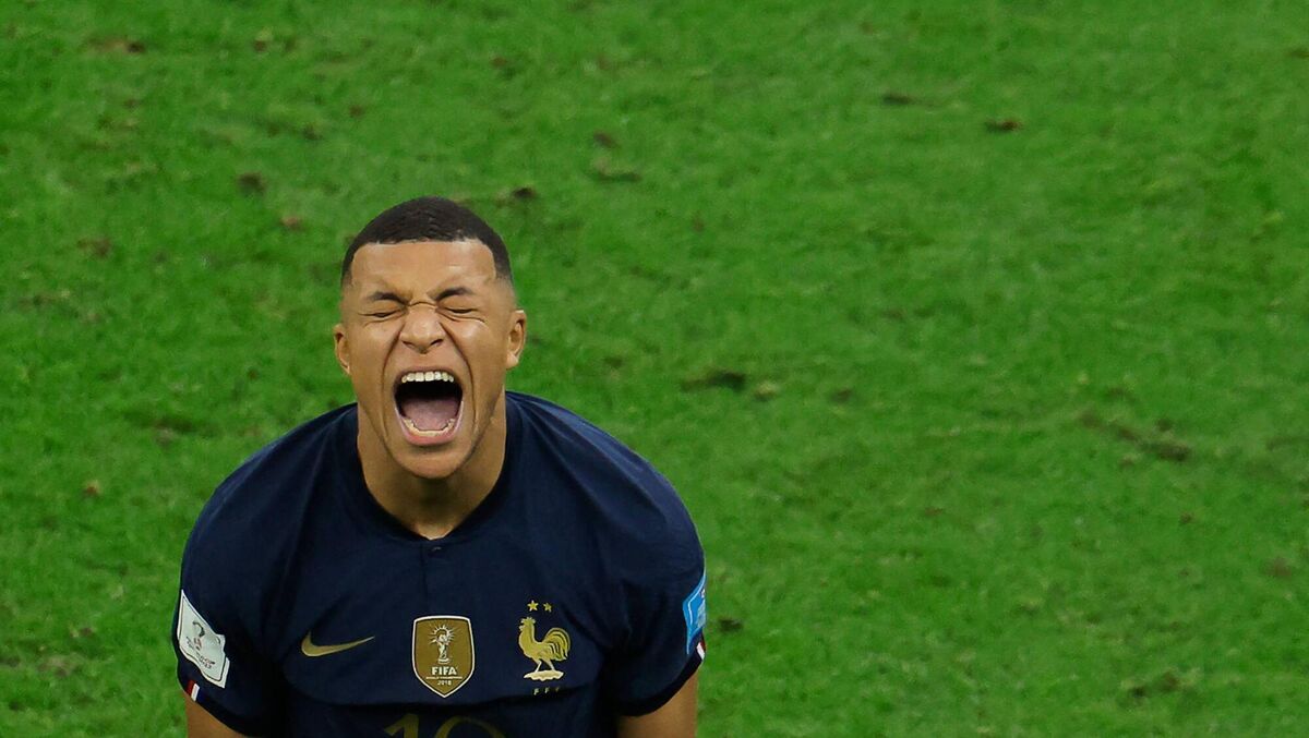TOPSHOT - France's forward #10 Kylian Mbappe reacts to a missed chance during the Qatar 2022 World Cup football final match between Argentina and France at Lusail Stadium in Lusail, north of Doha on December 18, 2022. (Photo by Odd ANDERSEN / AFP) (Photo by ODD ANDERSEN/AFP via Getty Images) TOPSHOT - France's forward #10 Kylian Mbappe reacts to a missed chance during the Qatar 2022 World Cup football final match between Argentina and France at Lusail Stadium in Lusail, north of Doha on December 18, 2022. (Photo by Odd ANDERSEN / AFP) (Photo by ODD ANDERSEN/AFP via Getty Images)