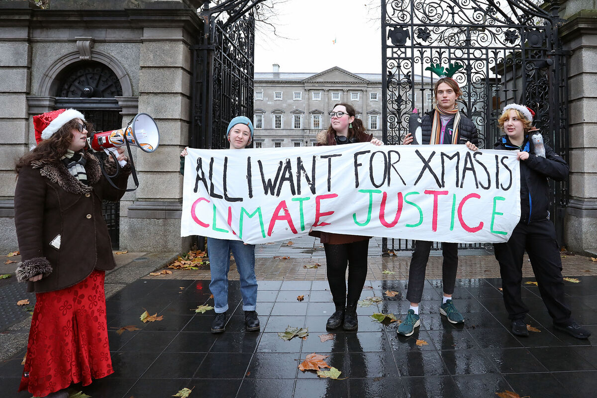Jessica Dunne, Greta Whipple, Cara Clarke, Daniel O’Brien and Molly O’Shea, members of Young Friends of the Earth, protesting at Leinster House to mark the closing stages of the UN Biodiversity Conference - COP 15, in Montreal, Canada. PIC: Conor Ó Mearáin / Collins Photo Agency