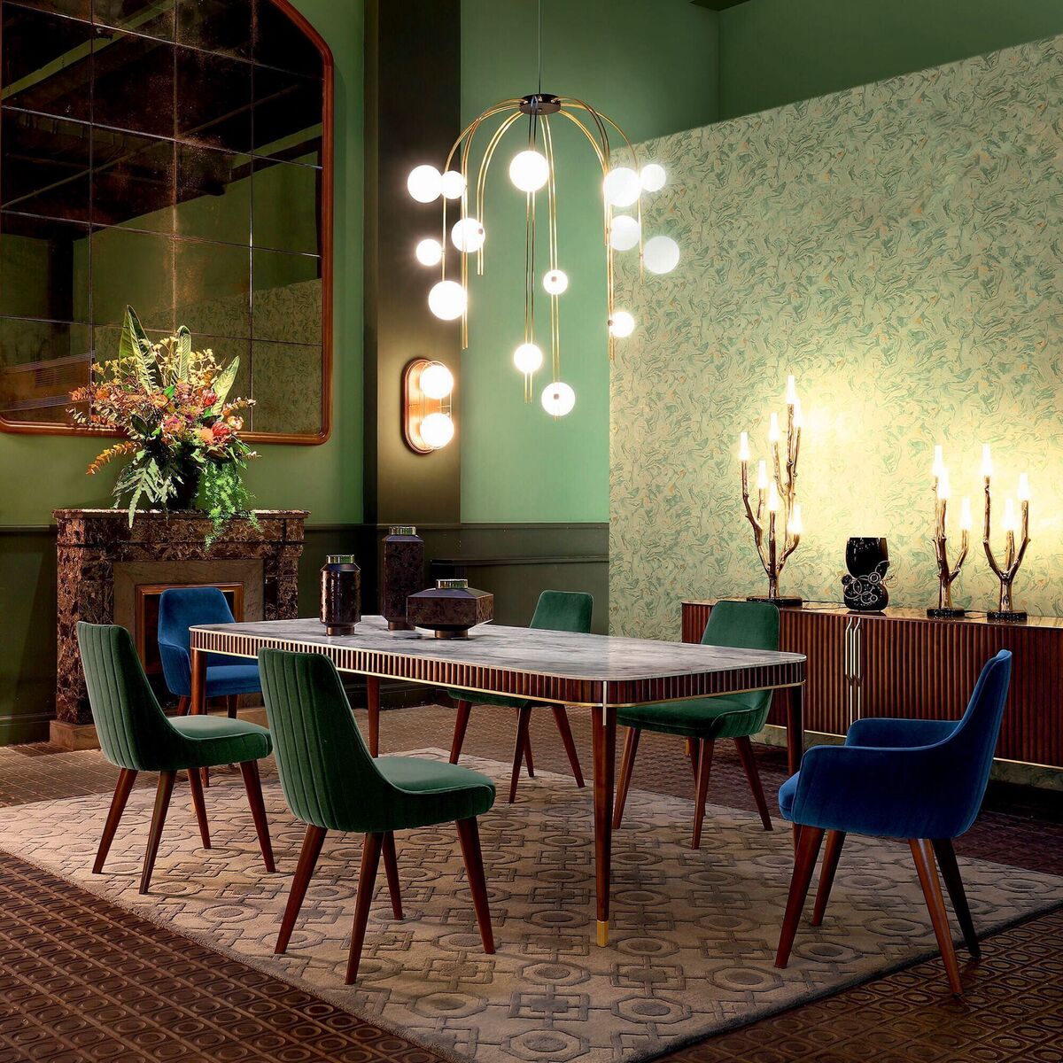 Brown carpeting and features are freshened by sage, mint and cream in a timeless room-set by Roche Bobois, roche-bobois.com.