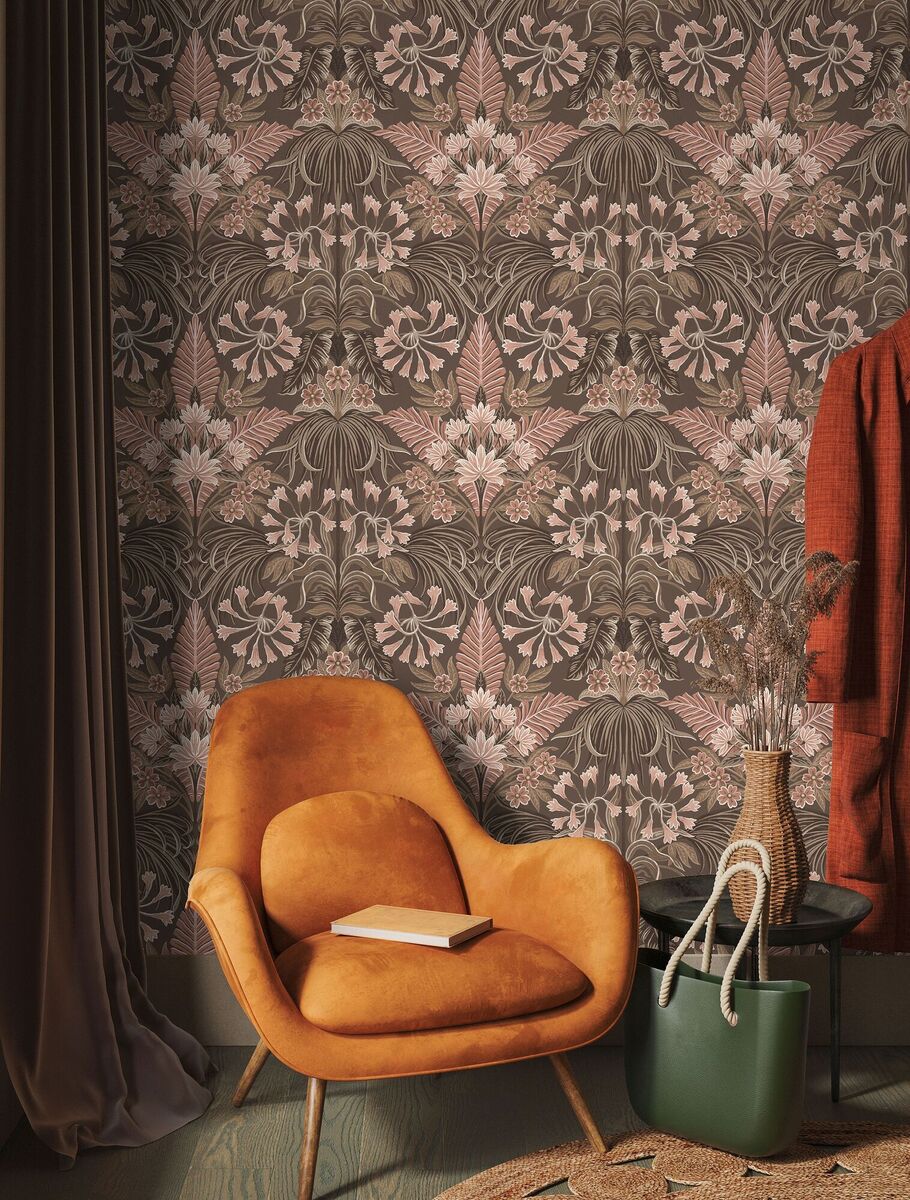 Brown supports a wide variety of punchy polychromatic colour and tonal shades. Mirk wallpaper in brown, €96 a roll, woodchipandmagnolia.com.