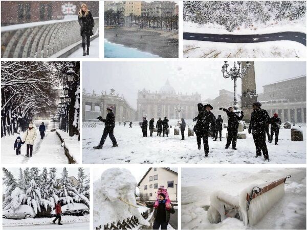 Snow and ice sweep across Europe. Clockwise from top left: The Millenium Bridge, London, England; Promenade des Anglais, Nice, France; a forest in Holzminden, Germany; St Peter’s Square, the Vatican, Italy; Lake Balaton, Hungary; Duernau, Goeppingen, Germany; Hortiatis, Thessaloniki, Greece; Skopje, Macedonia. Pictures: Getty/PA