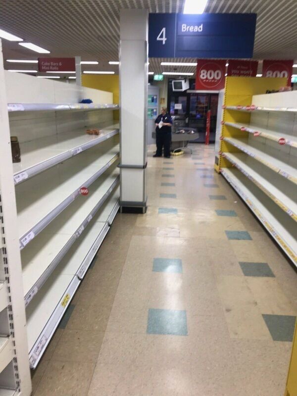 Tesco in Bray, Co Wicklow. The shelves are empty as the supermarket ran out of bread.