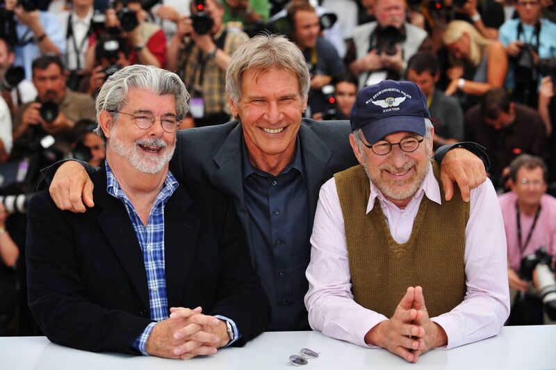 Director/producer George Lucas, actor Harrison Ford and Director Steven Spielberg pose at the Indiana Jones and The Kingdom of The Crystal Skull. Picture: Pascal Le Segretain/Getty Images)