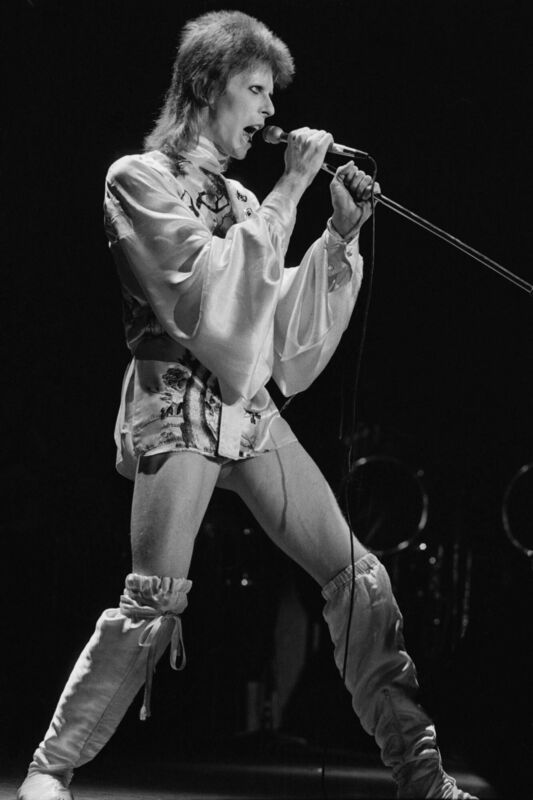 David Bowie (1947 - 2016) performed at the Hammersmith Odeon, at the last of his Ziggy Stardust concerts, in London, in 1973. Picture: Steve Wood/Daily Express/Hulton Archive/Getty Images