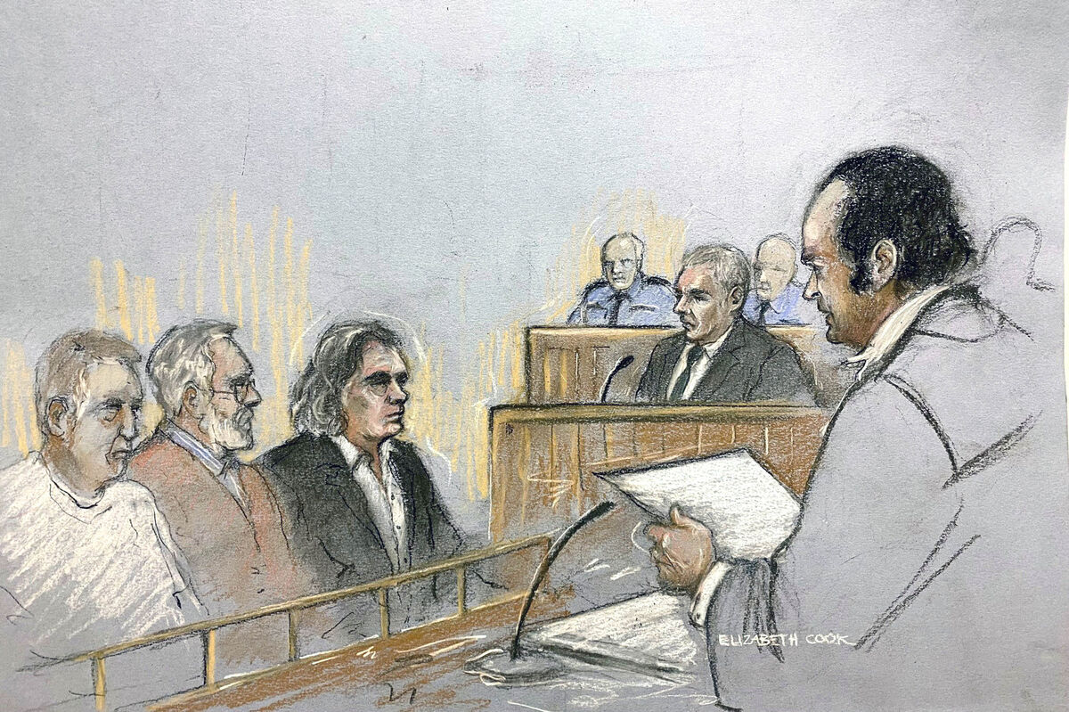 Court artist sketch by Elizabeth Cook of Jonathan Dowdall, second right, giving evidence in the trial at the Special Criminal Court of Gerry "The Monk" Hutch, third left. File picture: Elizabeth Cook/PA