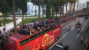 The players of Morocco national football team celebrate during a homecoming parade in central Rabat, Morocco (Mosa’ab Elshamy/AP/PA)