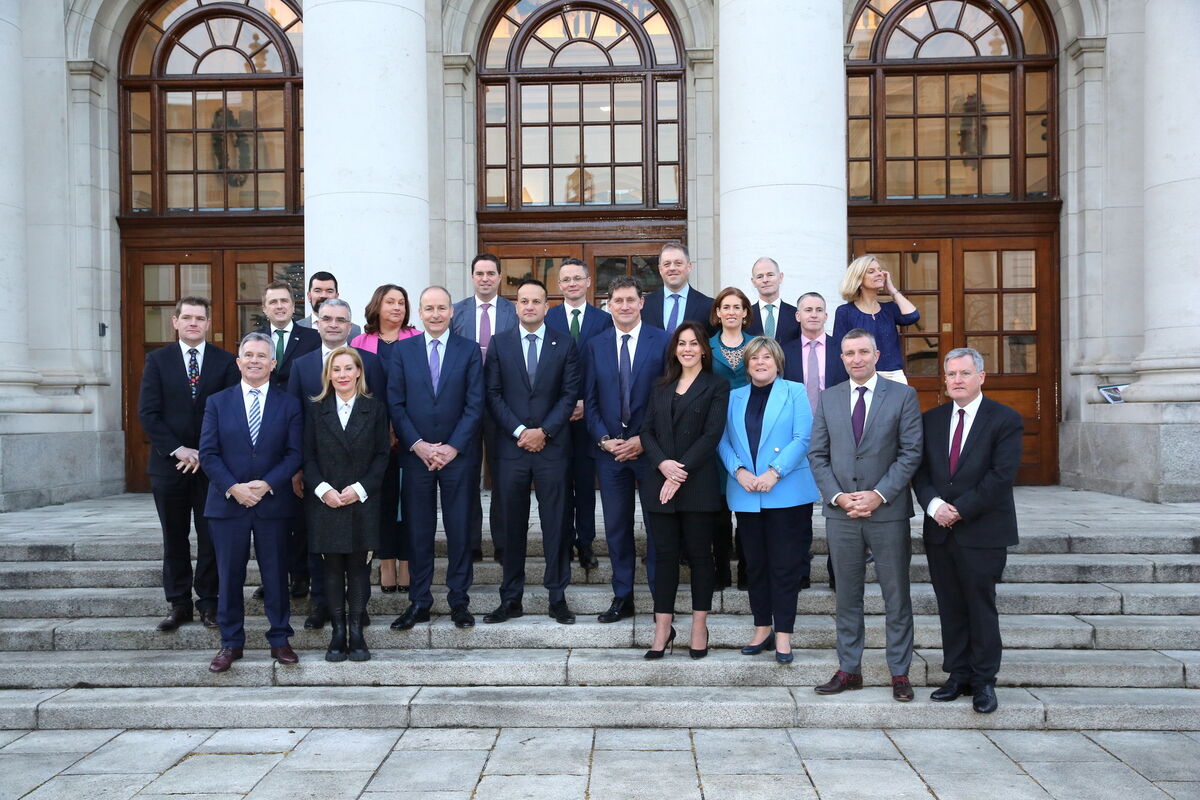 Tánaiste Michael Martin, Taoiseach Leo Varadkar, and Environment Minister Eamon Ryan TD with newly appointed Ministers of State at Government Buildings this afternoon. Picture: Gareth Chaney/Collins Photos