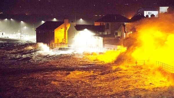 Business premises and homes in Lahinch Co Clare were pounded by high seas stirred up by Storm Brendan despite the construction of extensive flood defences comprising hundreds of tonnes of rock armour. Photograph: Press 22.