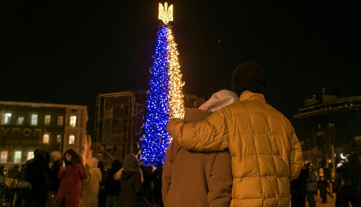A Christmas tree at Sofiyska Square after a massive Russian drone attack on Ukrainian power infrastructure in Kyiv. Picture: Maxym Marusenko/NurPhoto/Shutterstock