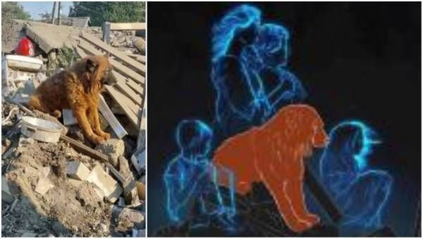 Krym the dog, and the image representing the family killed by a Russian missile. 