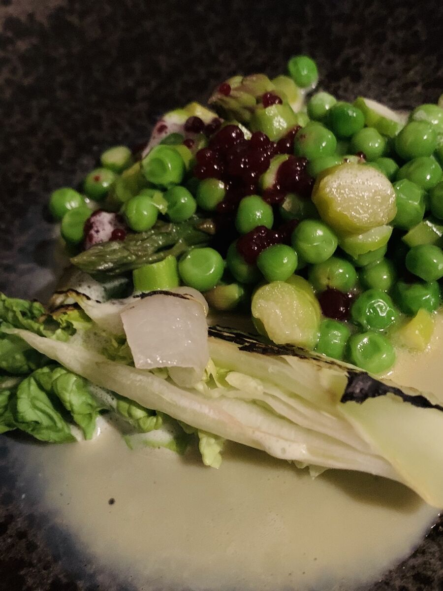 Garden Peas, with charred Gem lettuce and asparagus Garden Peas, with charred Gem lettuce and asparagus