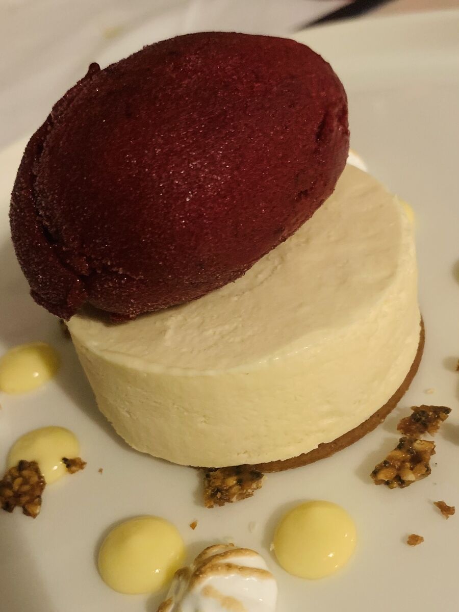 Brioche, with spiced ruby chocolate ice cream, almonds, meringue and buckthorn curd Brioche, with spiced ruby chocolate ice cream, almonds, meringue and buckthorn curd