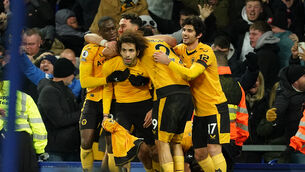Rayan Ait-Nouri celebrates scoring Wolves’ dramatic winner at Everton (Martin Rickett/PA)