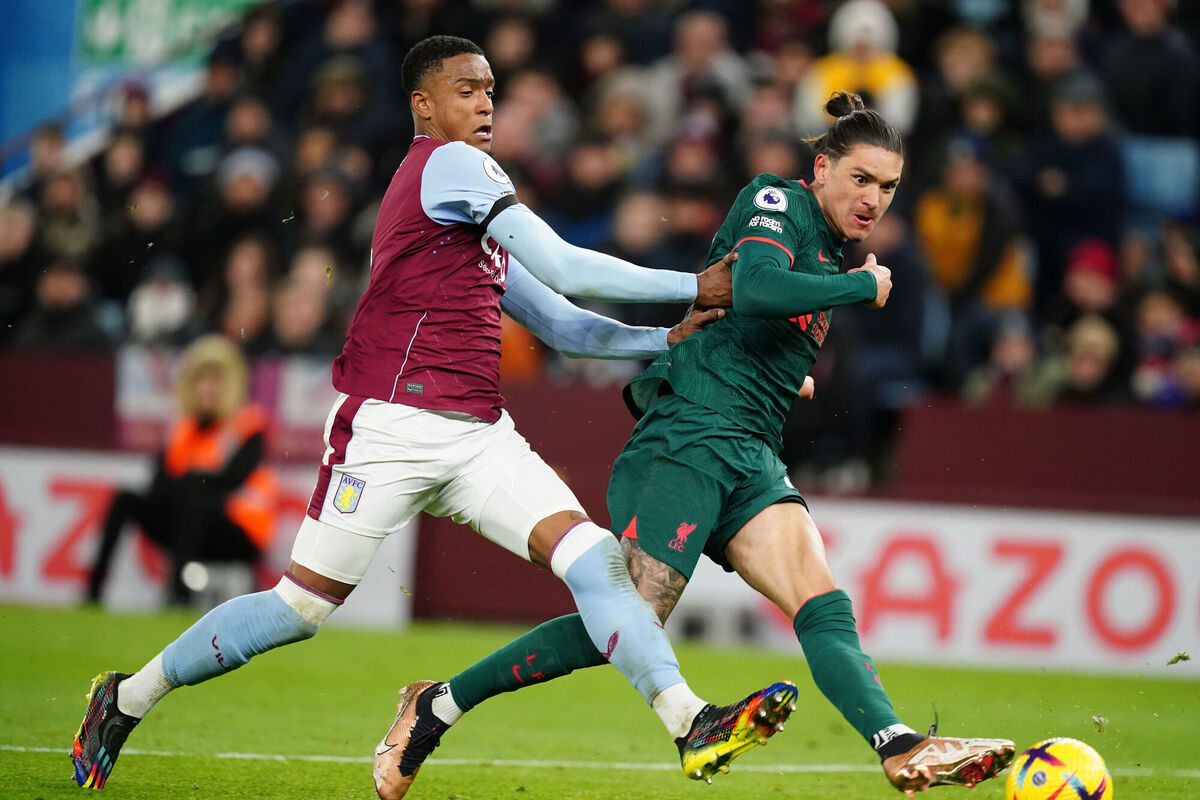 GOOD, BAD, UGLY: Liverpool's Darwin Nunez (right) shoots wide under pressure from Aston Villa's Ezri Konsa. Pic: David Davies/PA Wire.