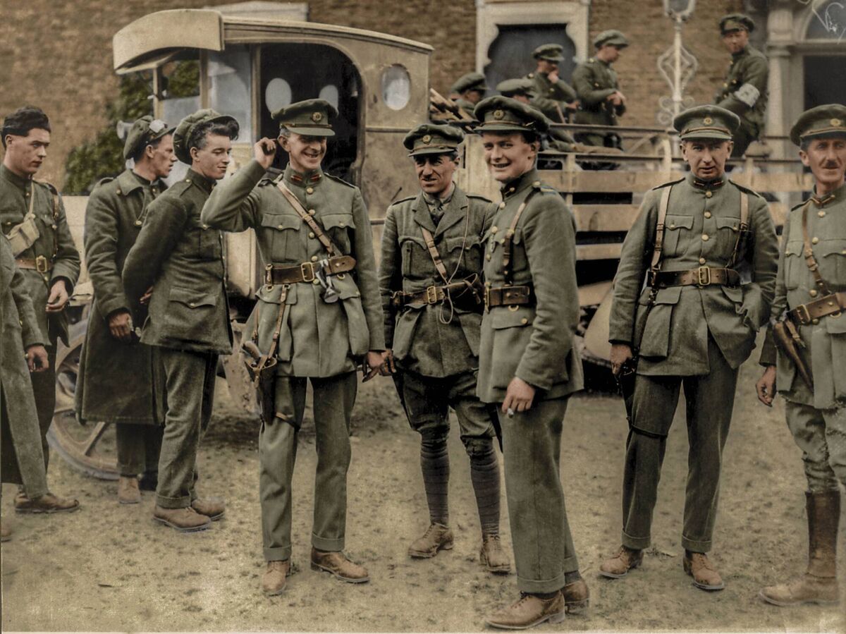National Army officers including General Eoin O’Duffy fourth from left; centre, cigarette in hand, Commandant-General Michael Brennan; next right, Commandant-General Fionán Lynch, TD; extreme right, just in view, Commandant-General WRE Murphy. Picture: Irish Civil War in Colour/Gillbooks.ie