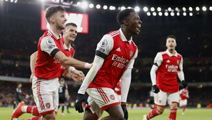 <p>Arsenal's Eddie Nketiah celebrates scoring their side's third goal of the game during the Premier League match at the Emirates Stadium, London. Picture date: Monday December 26, 2022.</p>