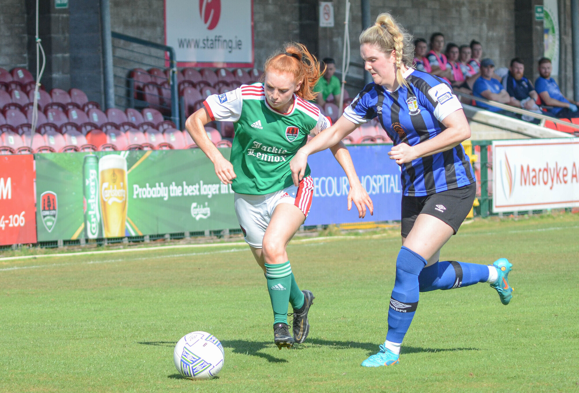 SUSTAINABILITY: Cork City's Nadine Seward and Athlone Town's Kelsey Monroe tussle for a loose ball during the SSE Airtricity League Womens National League match at Turners Cross. Picture: Howard Crowdy