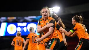 <p>TRIBUTE: Amber Barrett of Republic of Ireland celebrates after scoring during the FIFA Women's World Cup 2023 Play-off match against Scotland. Picture: Stephen McCarthy/Sportsfile</p>
