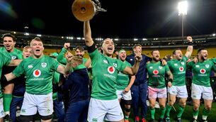 <p>JOB DONE: Ireland players, from left, Joey Carbery, Peter O'Mahony, James Lowe, Rob Herring, Ryan Baird, Andrew Porter, Cian Healy and Robbie Henshaw celebrate with the cup after the Steinlager Series match between the New Zealand and Ireland at Sky Stadium in Wellington. Picture: Brendan Moran/Sportsfile</p>
