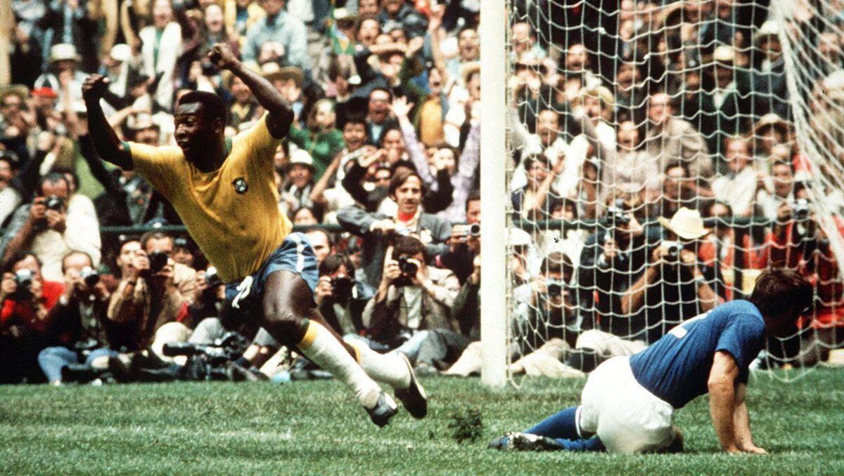 Pele celebrates scoring the first goal for Brazil against Italy in the 1970 final. 