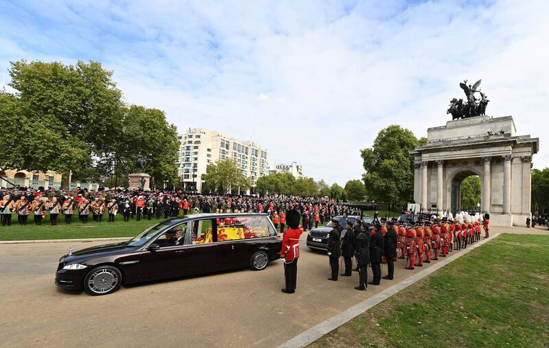 The Royal Hearse carrying the coffin of Queen Elizabeth II at Wellington Arch on September 19. Picture: David Ramos/Getty Images