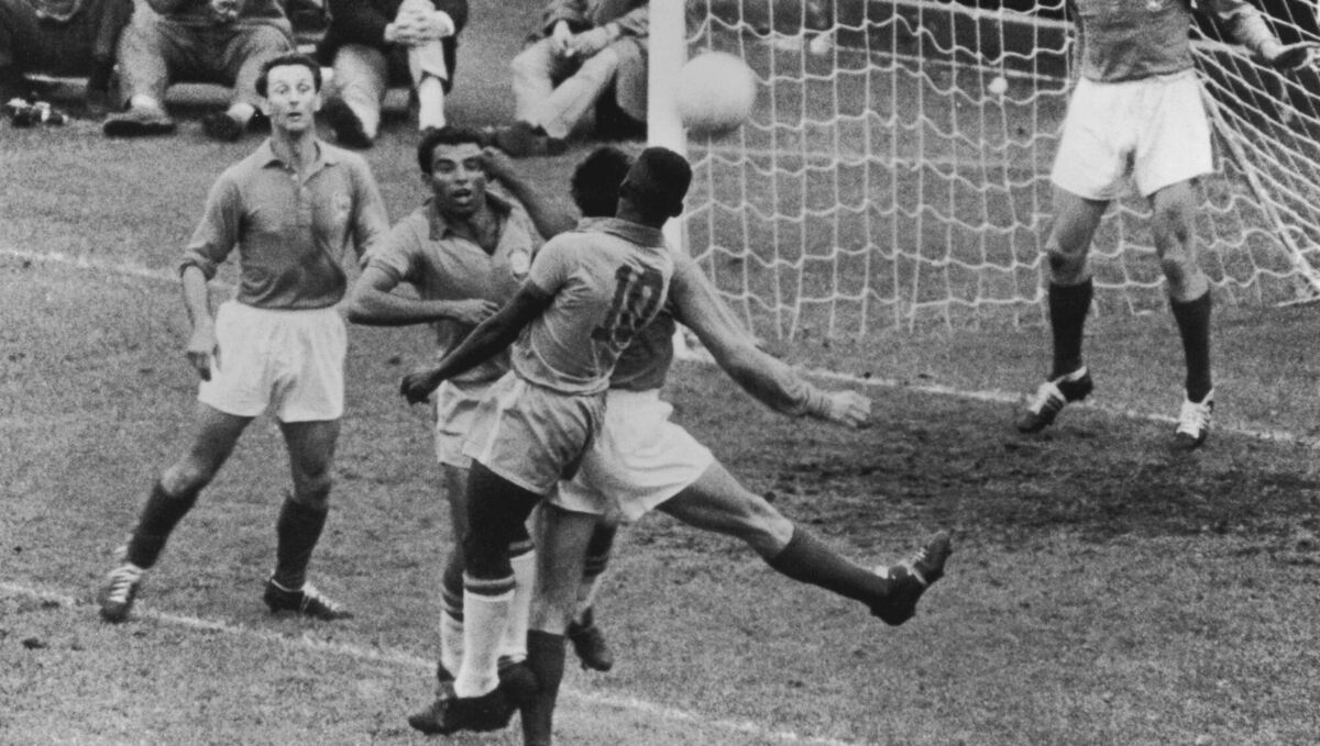 Brazil's Vava and Pele (10) wreak havoc against France in the 1958 World Cup semi-final in Stockholm. Brazil won 5-2. 