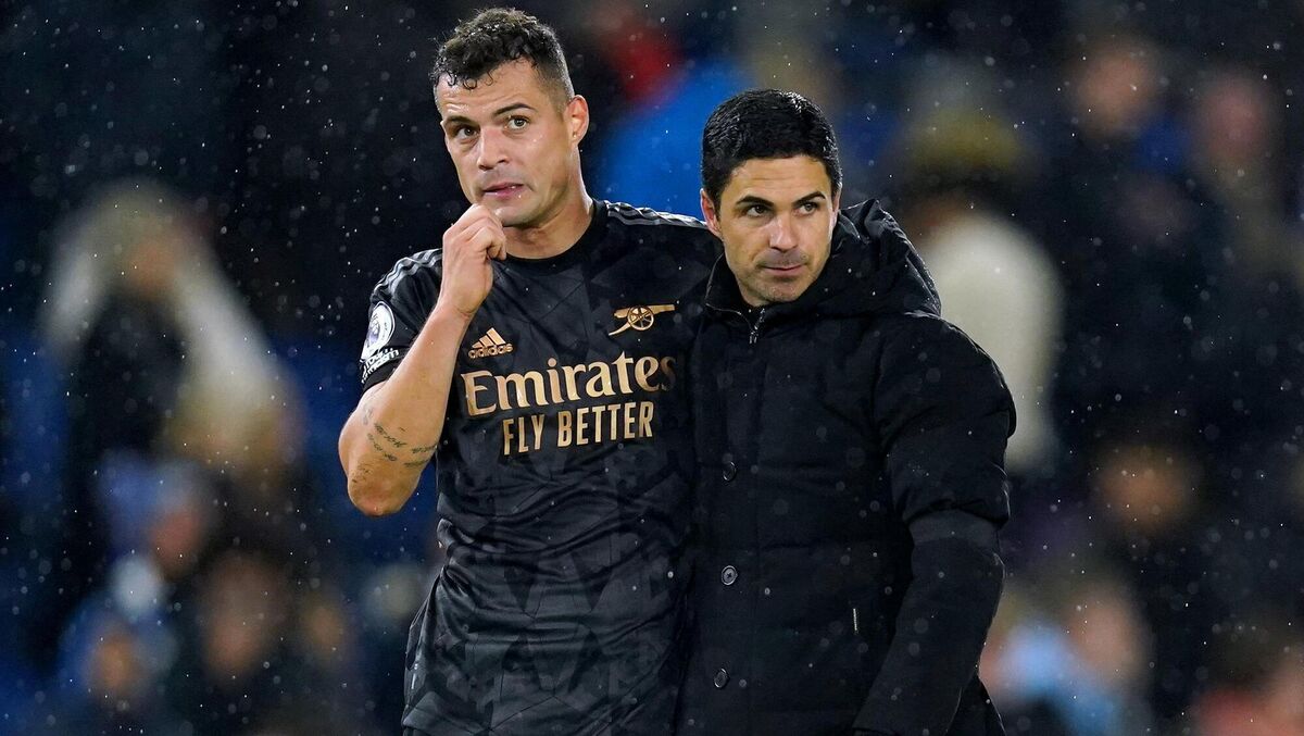 PLENTY TO PONDER: Arsenal manager Mikel Arteta (right) and Granit Xhaka at the end of the Premier League match at the American Express Community Stadium, Brighton. Pic: Adam Davy/PA Wire.