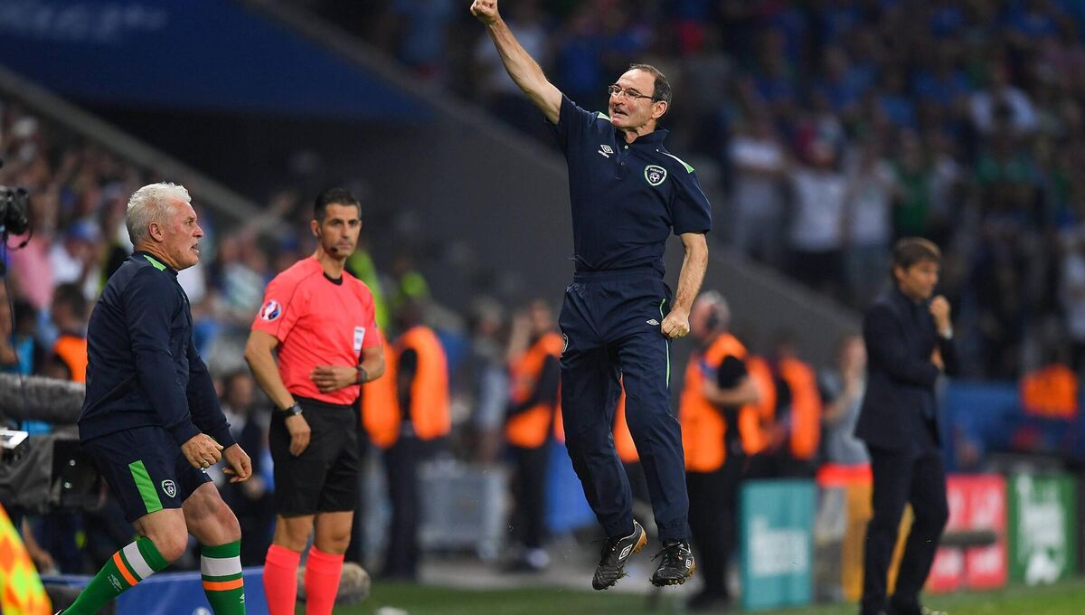 HOW HIGH: O'Neill celebrates at the final whistle of the UEFA Euro 2016 Group E match between Italy and Republic of Ireland in Lille. Picture: Stephen McCarthy / Sportsfile