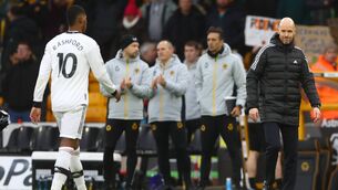 <p>TIME OUT: Manchester United manager Erik ten Hag looks toward Marcus Rashford at full time at Wolves. Picture: Copa/Getty Images</p>