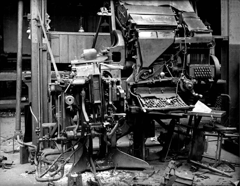 As the National Army advanced on Cork City, anti-Treaty forces blew up train lines and wrecked the Linotype machines of 'The Cork Examiner' before withdrawing to West Cork. Irish Examiner Archive