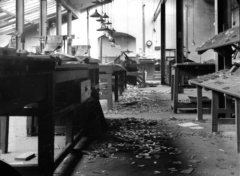 IRA forces wrecked the Linotype machines and printing presses of 'The Cork Examiner' in August 1922 before withdrawing to West Cork. Picture: Irish Examiner Archive