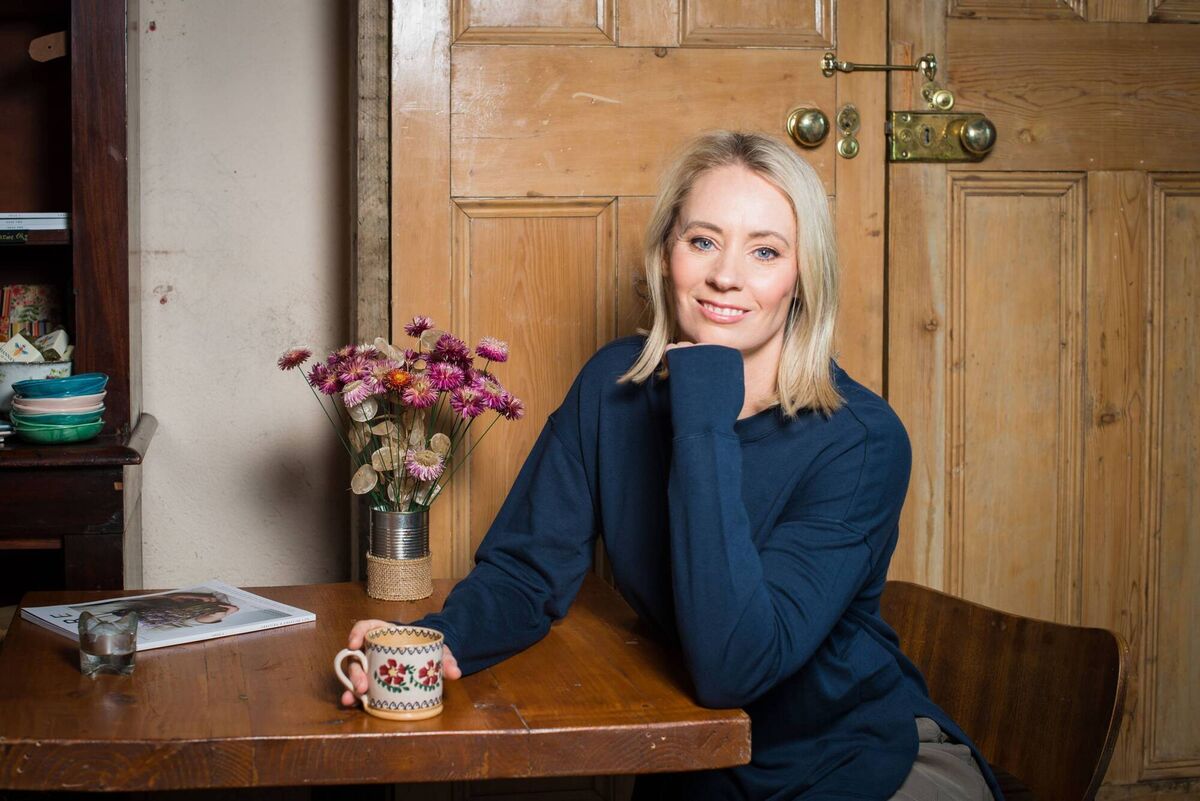 Navy jumper and green trousers by Sweaty Betty at Kildare Village. Picture: Joleen Cronin.
