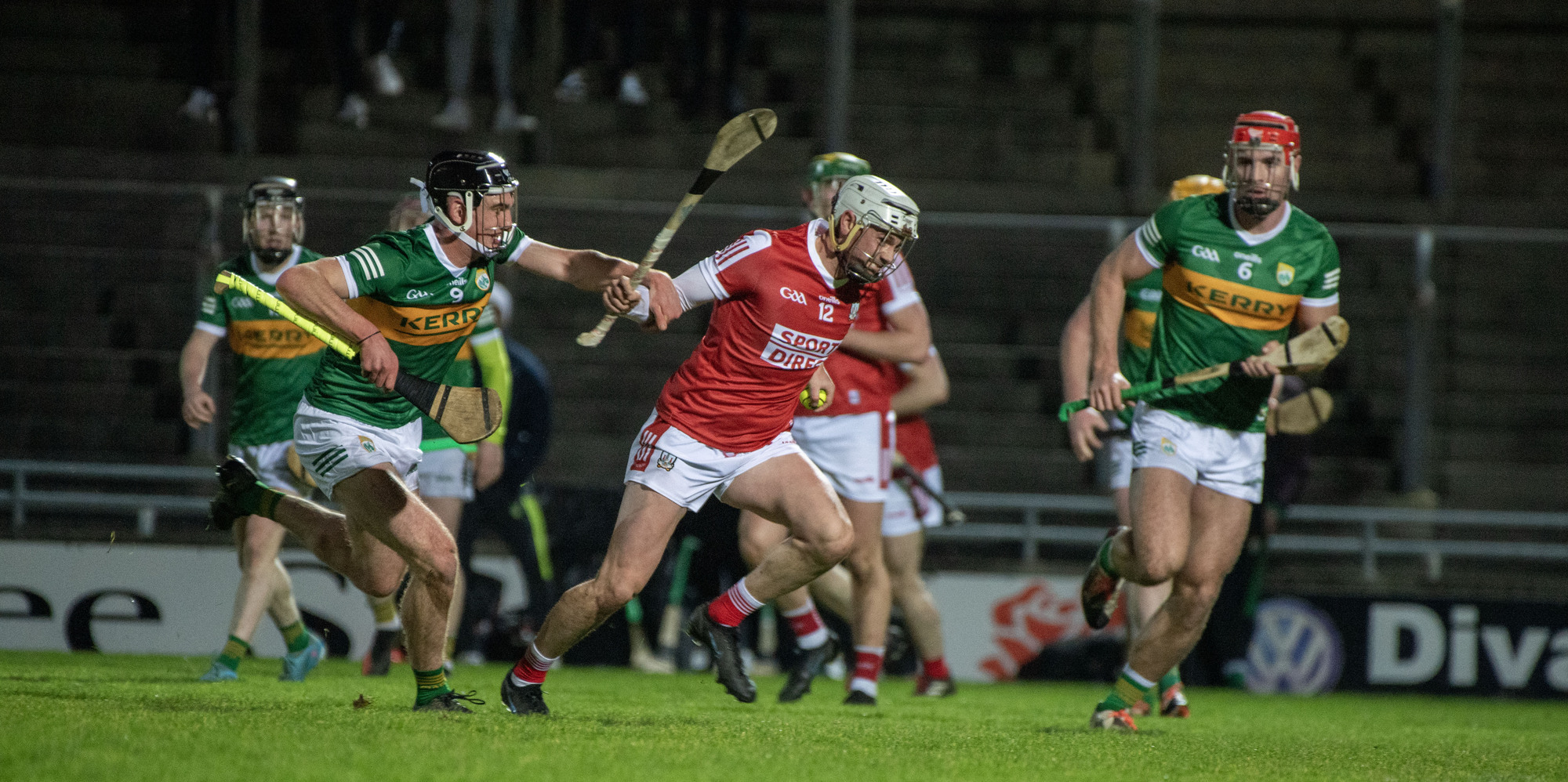 Kerry's Cillian Trant Kerry and Cormac Beausang of Cork during the game which was played under lights in Tralee. Picture: Domnick Walsh © Eye Focus LTD 
