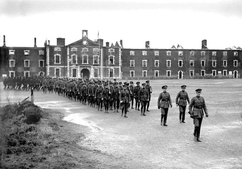 Free State National Army troops take over a ruined Victoria Barracks (now Collins Barracks) on the Old Youghal Rd after taking control of Cork City. Picture: Irish Examiner Archive