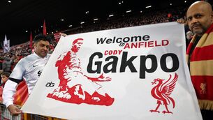 <p>NEW ARRIVAL: Liverpool fans in the stands hold up a banner welcoming new signing Cody Gakpo during the Premier League match at Anfield, Liverpool. Pic: Barrington Coombs/PA Wire</p>