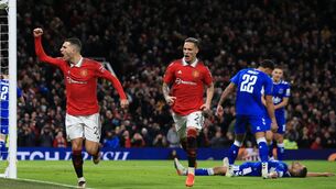 <p>Manchester United’s Diogo Dalot and Antony celebrate after Conor Coady’s cross is diverted into his own net for United’s second goal in the FA Cup win over Everton at Old Trafford. Pic: Lindsey Parnaby/AFP via Getty Images</p>
