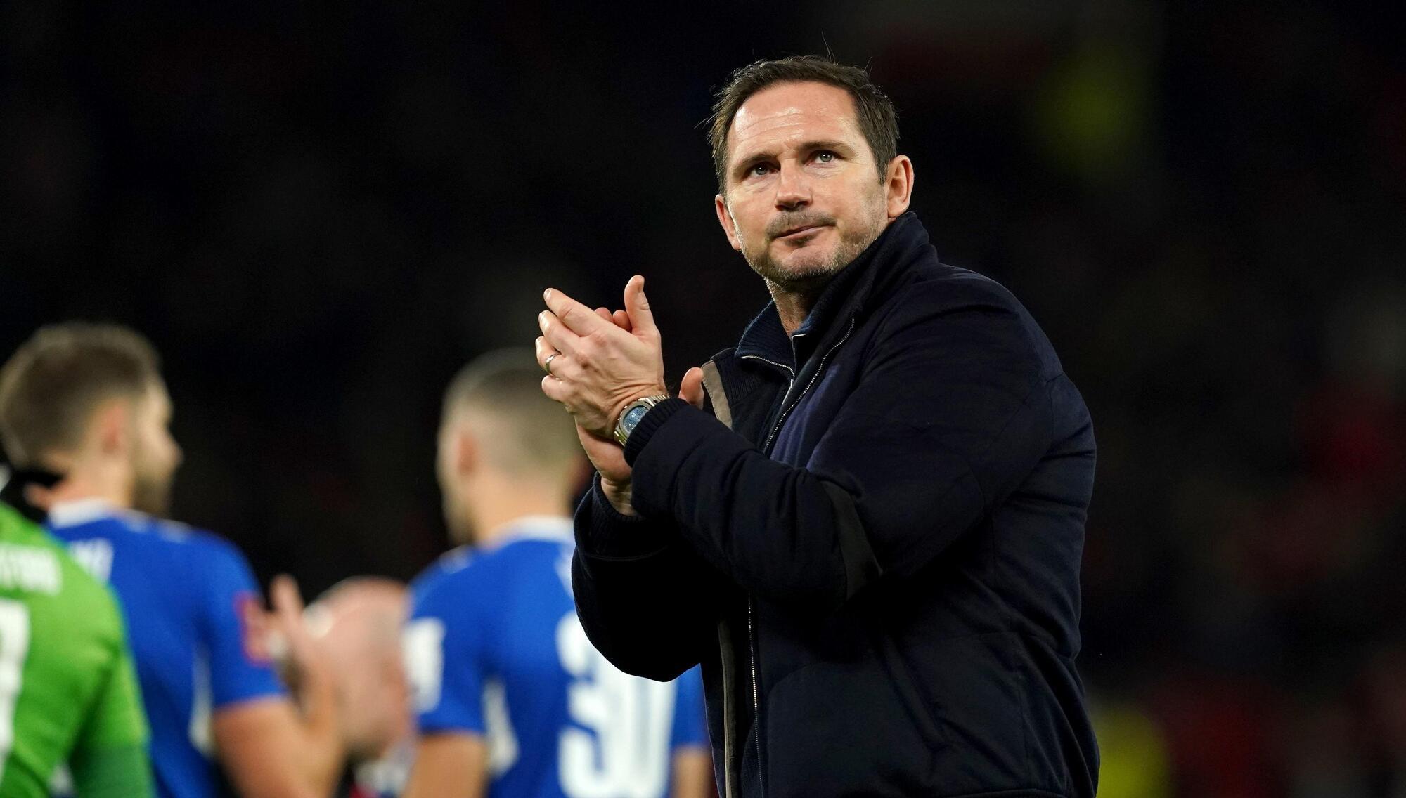 CHELSEA LINKS: Everton manager Frank Lampard applauds the fans at full time after the Emirates FA Cup third round match at Old Trafford, Manchester. Pic: Martin Rickett/PA Wire.