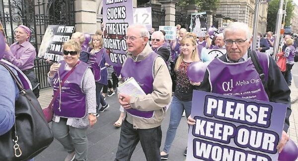 Alpha One Foundation protesters outside the gates of the Dáil urging action to make Respreeza available to patients. Picture: Mac Innes Photography Alpha One Foundation protesters outside the gates of the Dáil urging action to make Respreeza available to patients. Picture: Mac Innes Photography