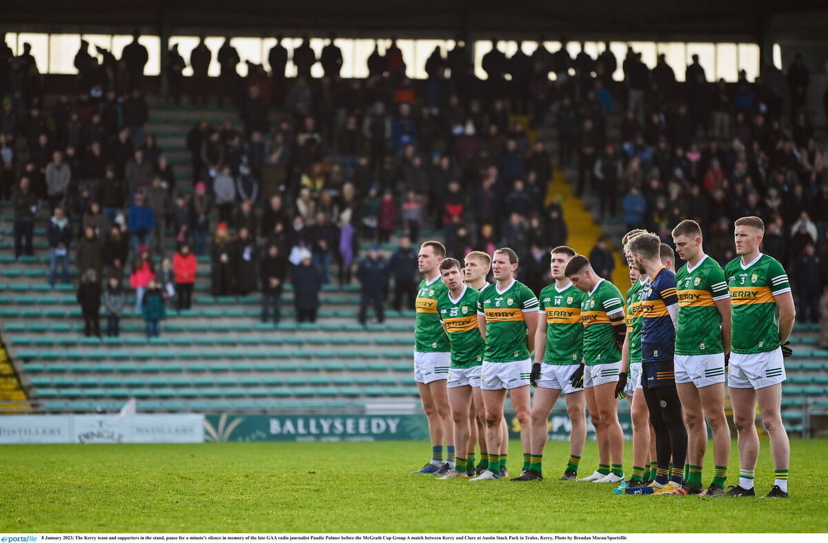 RESPECT: The Kerry team and supporters in the stand, pause for a minute's silence in memory of the late GAA radio journalist Paudie Palmer before the McGrath Cup Group A match against Clare in Tralee. Picture: Brendan Moran/Sportsfile RESPECT: The Kerry team and supporters in the stand, pause for a minute's silence in memory of the late GAA radio journalist Paudie Palmer before the McGrath Cup Group A match against Clare in Tralee. Picture: Brendan Moran/Sportsfile