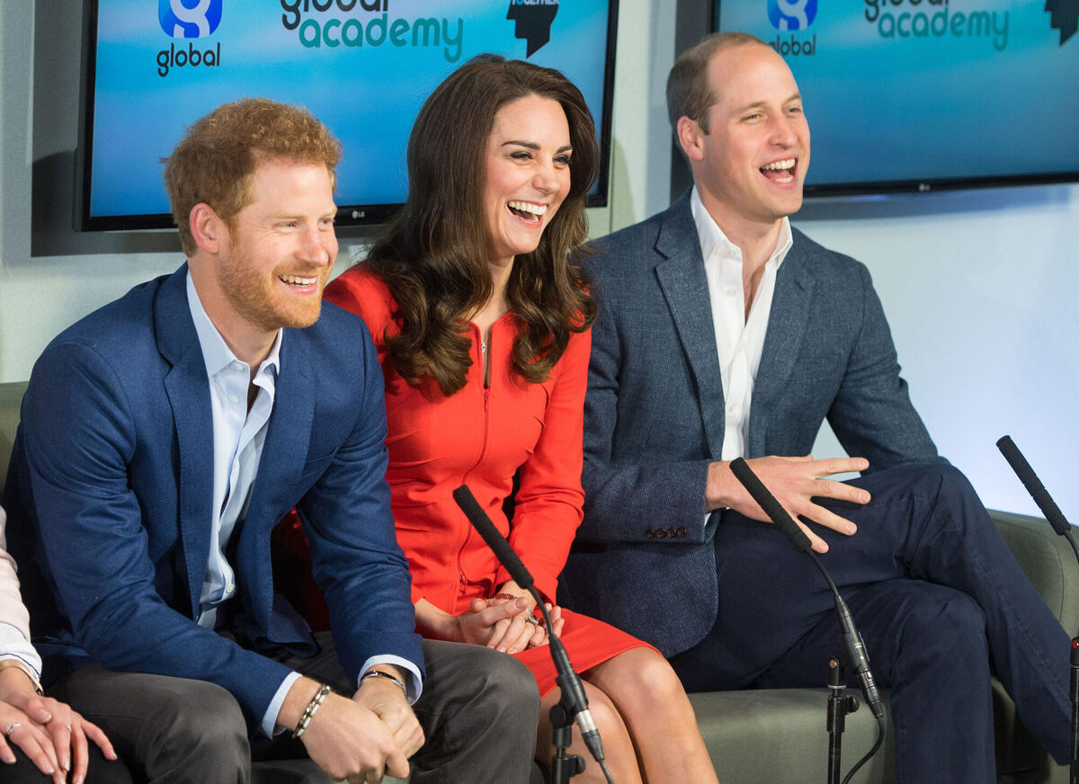 The Duke and Duchess of Cambridge and Prince Harry tour a TV studio during a visit to open the Global Academy in Hayes, London, in support of the Heads Together campaign.