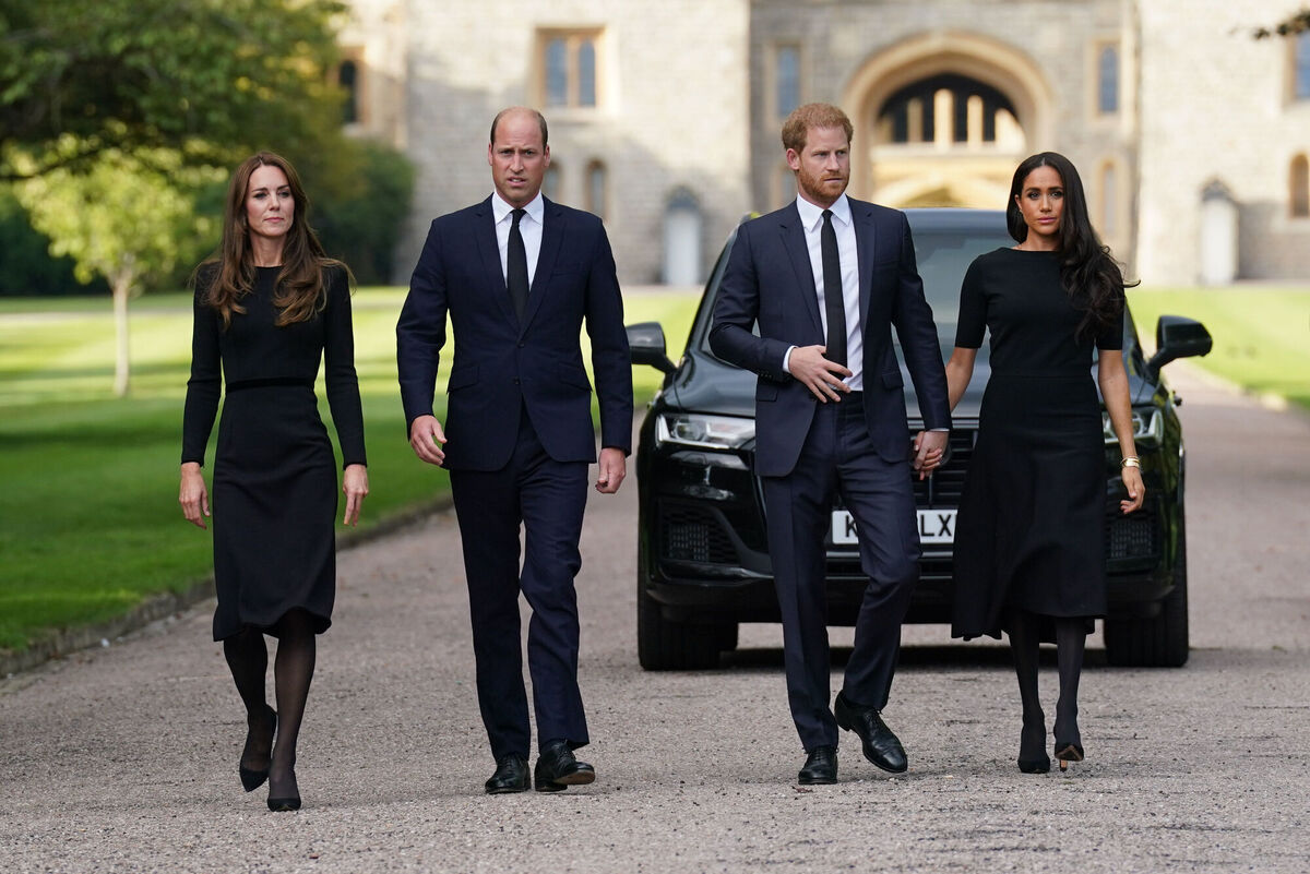 The Princess of Wales, the Prince of Wales and the Duke and Duchess of Sussex walking to meet members of the public at Windsor Castle in Berkshire following the death of Queen Elizabeth II on Thursday. Picture: Kirsty O'Connor/PA Wire